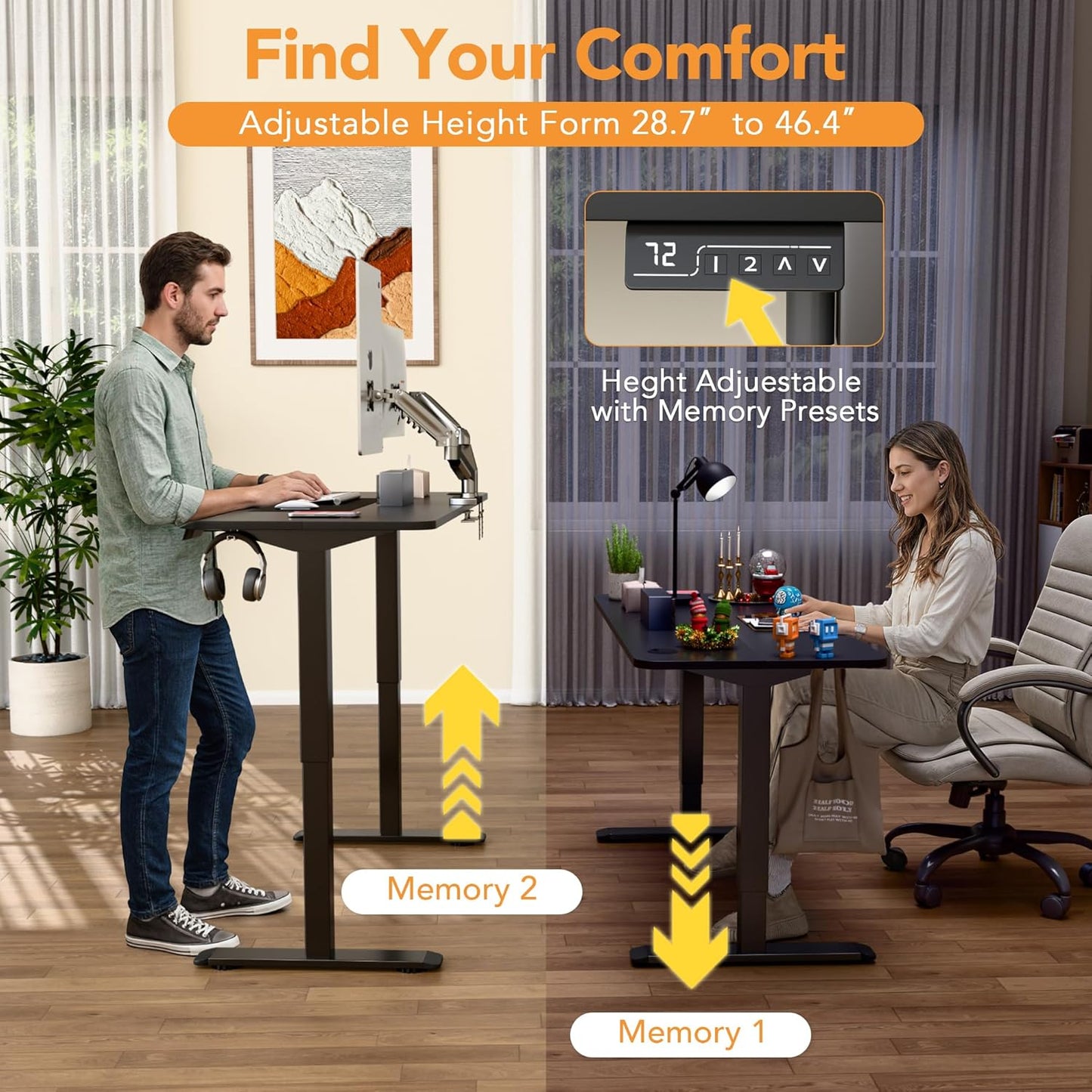 55 X 24 Inches Electric Height Adjustable Standing Desk Large Sit Stand up Desk Home Office Computer Desk Memory Preset with T-Shaped Metal Bracket, Black