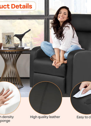 Massage Recliner Sofa with Lumbar Support and Padded Backrest for Home Theater Seating - Black Leather for Living Room and Bedroom