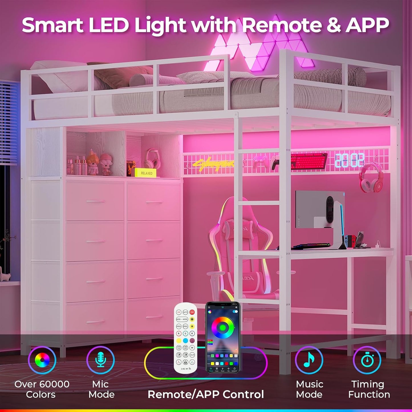 Twin Size Loft Bed with Desk and 8 Storage Drawers, Metal Kids Loft Bed Twin with LED Lights & Charging Sation, Storage Shelves, 13.1" H Safety Guard & Ladder, No Box Spring Needed, White