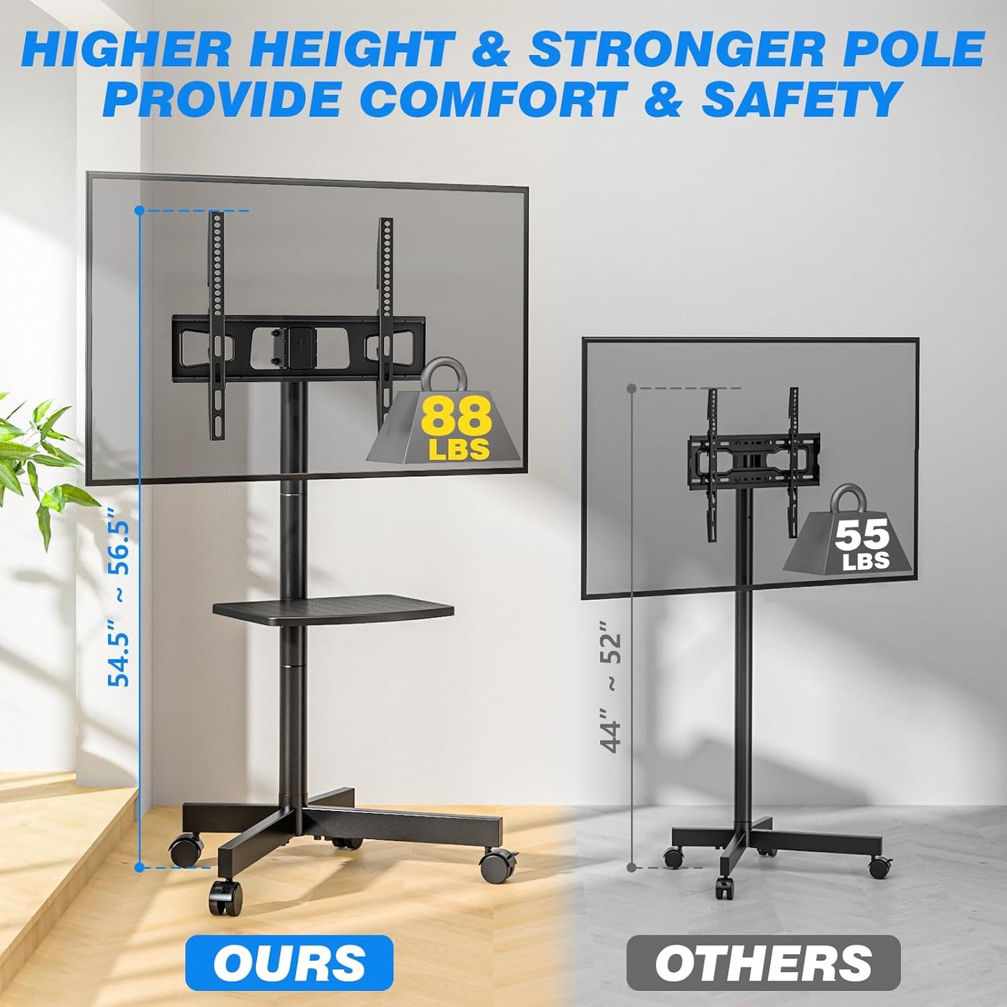 Rolling TV Stand with Shelf for 23-65 Inch Tvs up to 88Lbs, Portable Mobile TV Cart with Silent Wheel, Tilt & Height Adjustable Universal Corner TV Stand for Bedroom, Living Room, Office