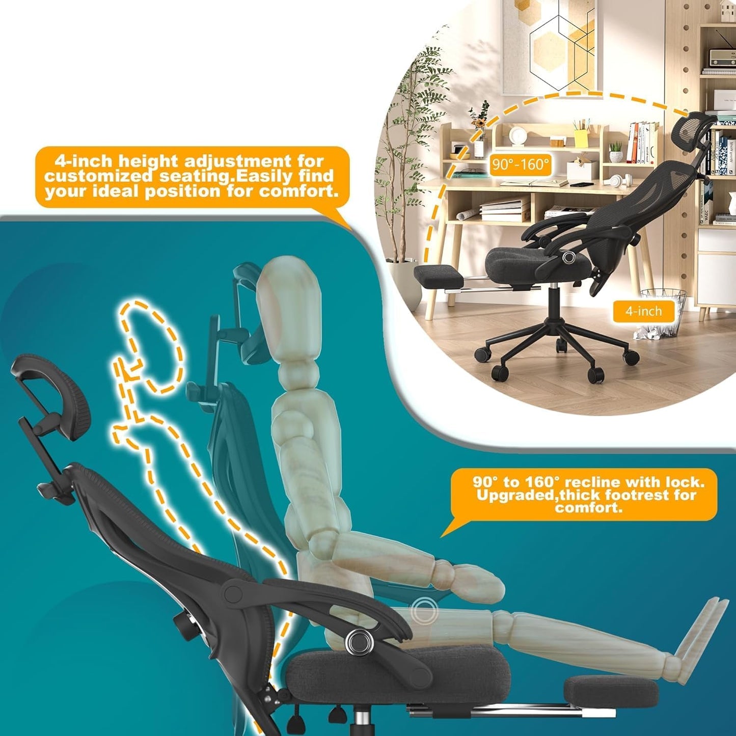 Ergonomic Office Chair with Footrest - Adjustable Lumbar Support & Headrest, 90-160° Reclining Mesh Back Computer Chair - Home Office/Gaming, 350Lbs Capacity (SGS Certified)