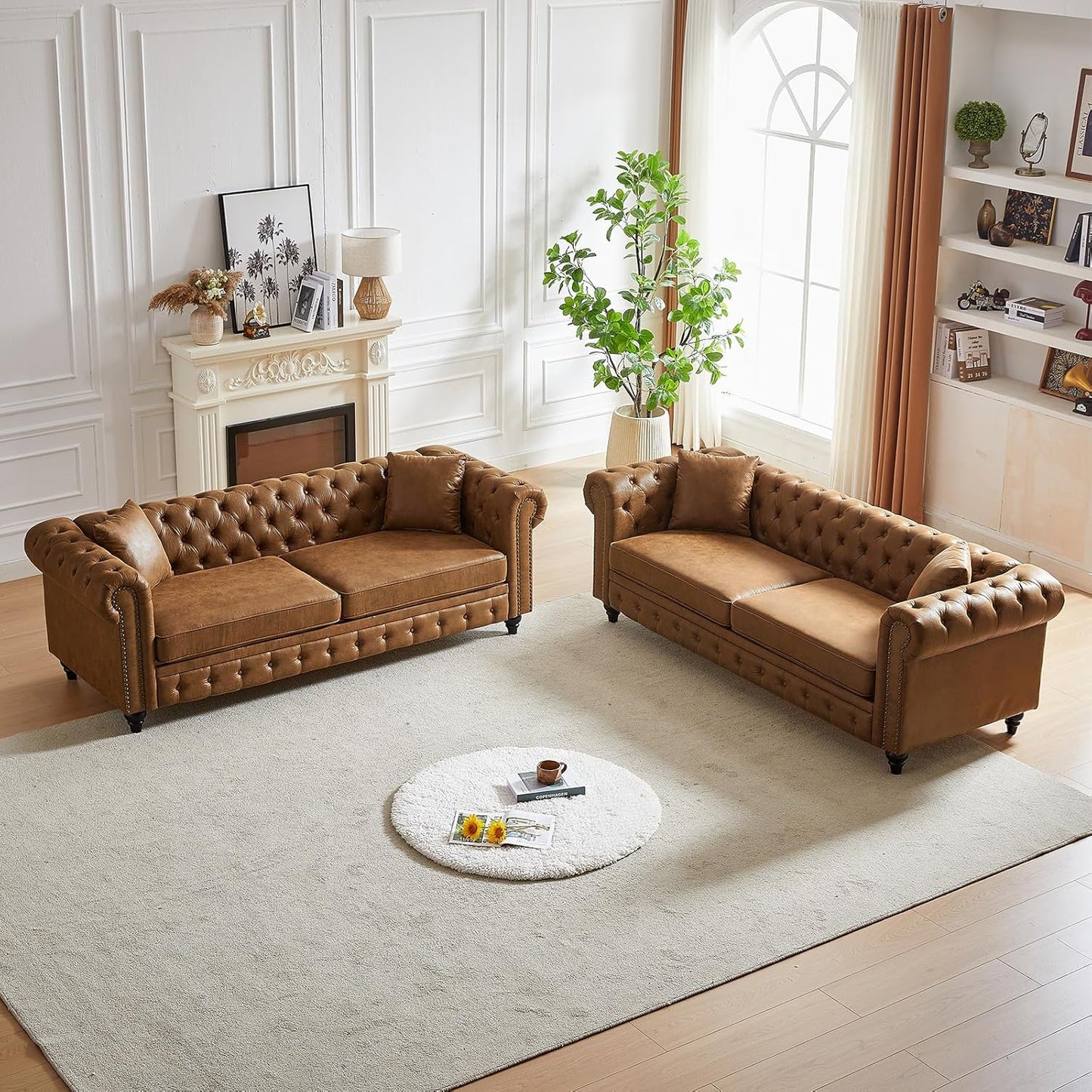 Modern Chesterfield Sofa Couch, 63.5-Inch Faux Leather Loveseat Sofa with Rolled Armrests and Tufted Button for Living Room, Office, Brown