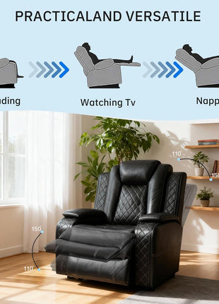 3-Piece Modern Leather Power Recliner Sofa Set for Living Room with USB Ports, LED Ambient Lighting, and Storage Console in Black