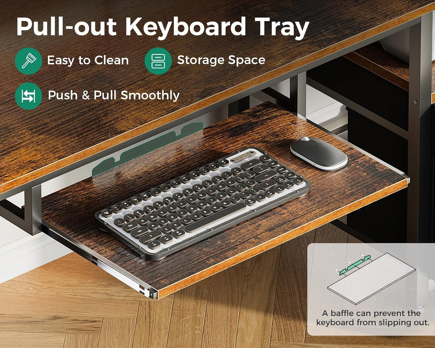 Computer Desk with Drawers and Keyboard Tray, 63" Office Desk with Power Outlet, Reversible Study Work Desk with Printer Shelf and PC Stand for Home Office, Vintage