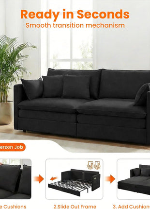Luxurious 78-Inch King Size Ice Velvet 3-in-1 Convertible Sofa Bed with Side Pocket and Four Pillows in Black