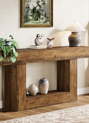 63-Inch Vintage Brown Farmhouse Console Table with U-Shaped Base and Two-Tier Design for Living Room, Hallway, and Foyer
