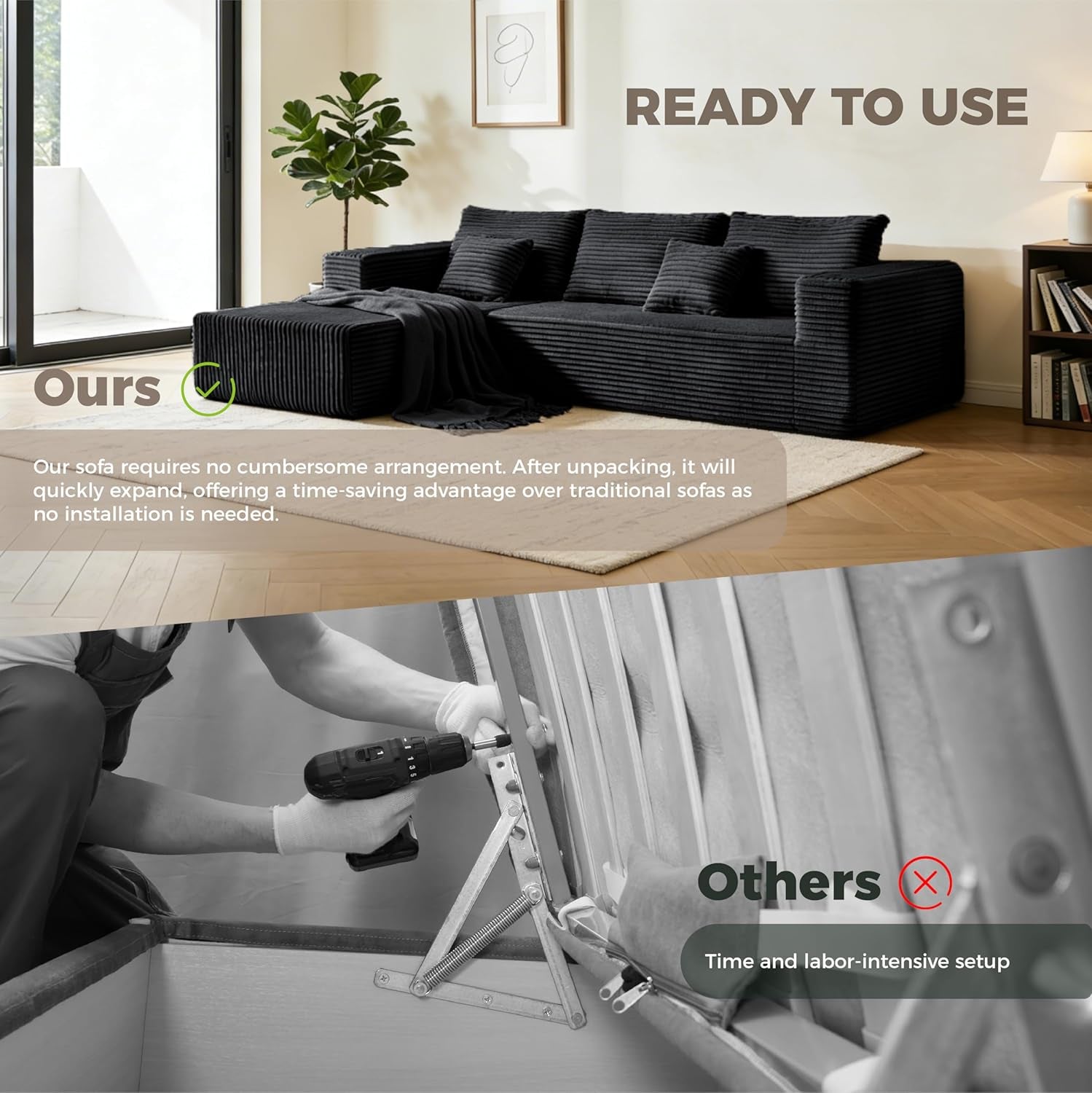 106" Black Corduroy Boneless Modular Sectional Sofa, Cloud-Louch Deep Seat Sofa with Left Chaise for Living Room & Bedroom（L-Shaped Left Facing Chaise）