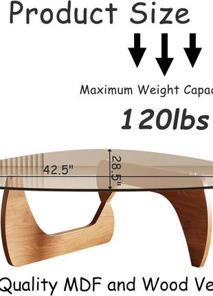 Contemporary Triangle Coffee Table with Tempered Glass Top and Natural Wood Finish, 42.5" x 28.5" x 16.1" for Living Room