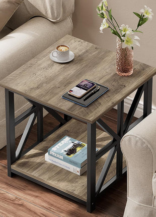 24-Inch Contemporary End Table with Dual-Tier Storage Shelf in Grey Wash Finish, Perfect for Living Room, Bedroom, and Office Use