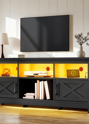 65-Inch Media Console with Storage Cabinets, Power Outlet, LED Lighting, and Barn Doors - Black TV Stand for Living Room