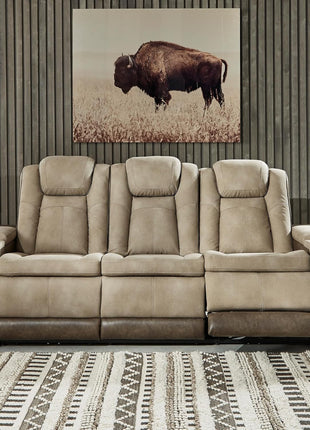 Signature Design by Ashley Next-Gen Durapella Power Reclining Sofa with Wireless & USB Charging, Zero-Gravity Feature, Adjustable Headrest, Water-Repellent Faux Leather, Drop-Down Table in Beige/Brown, 86 Inches