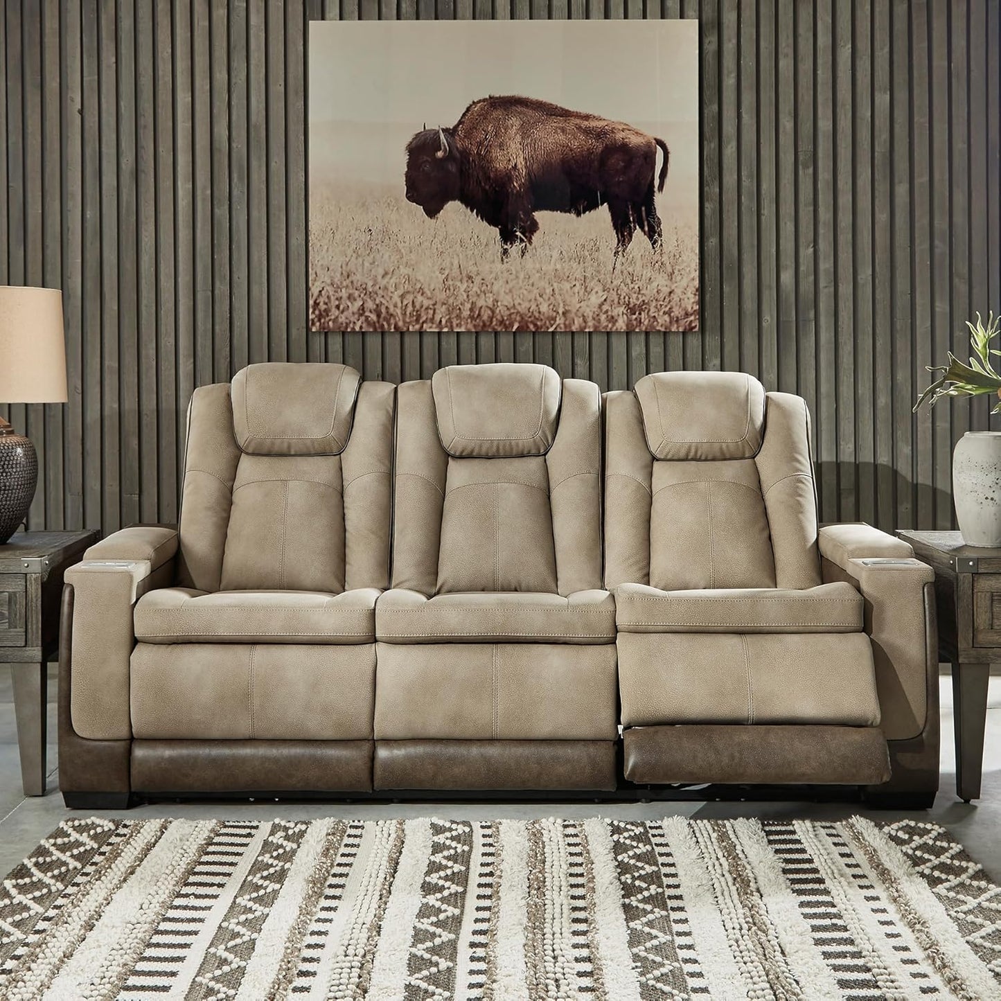 Next-Gen Durapella Power Reclining Sofa – Wireless & USB Charging, Zero-Gravity, Adjustable Headrest, Water-Repellent Faux Leather, Drop-Down Table, Beige/Brown, 86”