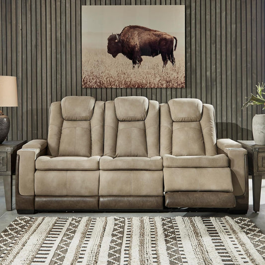 Next-Gen Durapella Power Reclining Sofa – Wireless & USB Charging, Zero-Gravity, Adjustable Headrest, Water-Repellent Faux Leather, Drop-Down Table, Beige/Brown, 86”
