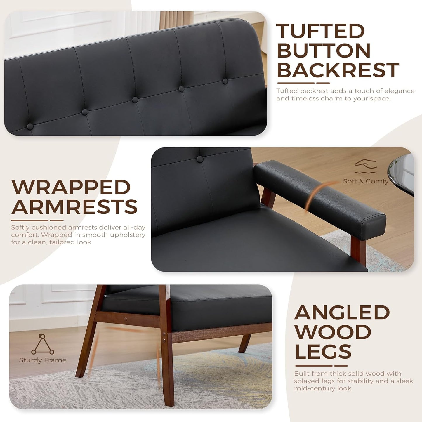 Black Leather Love Seat Sofa and Accent Chairs, Mid-Century Modern Office Furniture Loveseat Couch and Chair Set, Small Couches with Wood Arm, 3 Pieces Living Room Furniture Sets (3)