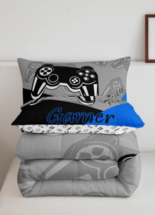 Twin Size Gaming Comforter Set for Boys - All-Season Video Game Themed Bedding with Comforter and Pillowcase in Blue, Black, and Grey