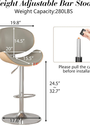 Set of 4 Adjustable Height Swivel Bar Stools with Footrest, PU Leather Upholstery and Bentwood Design for Kitchen, Bar, and Dining Room (Grey)