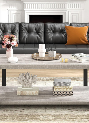Modern Rustic Coffee Table with Storage Shelf - Industrial 2-Tier Rectangle Design in Light Grey for Living Room