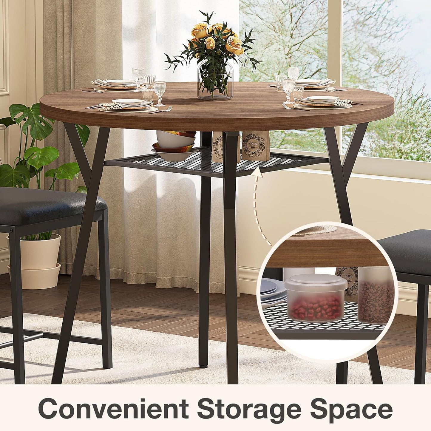 round Dining Table Set for 4, Kitchen Table and Chairs for 4, Dining Room Circle Dinner Pedestal Table, Solid Metal Frame,Space Saving Wood Small Kitchen & Dining Room Furniture,Walnut