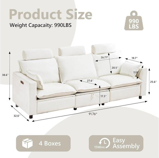 Cloud Couch Power Reclining Sof-Oversized Crem Reclining Sectionl Couches, Modern Power Recliner Sof/Couch for Living Room with USB, Typec, Pillows& Hidden Storge, Wll Hugger Recliner