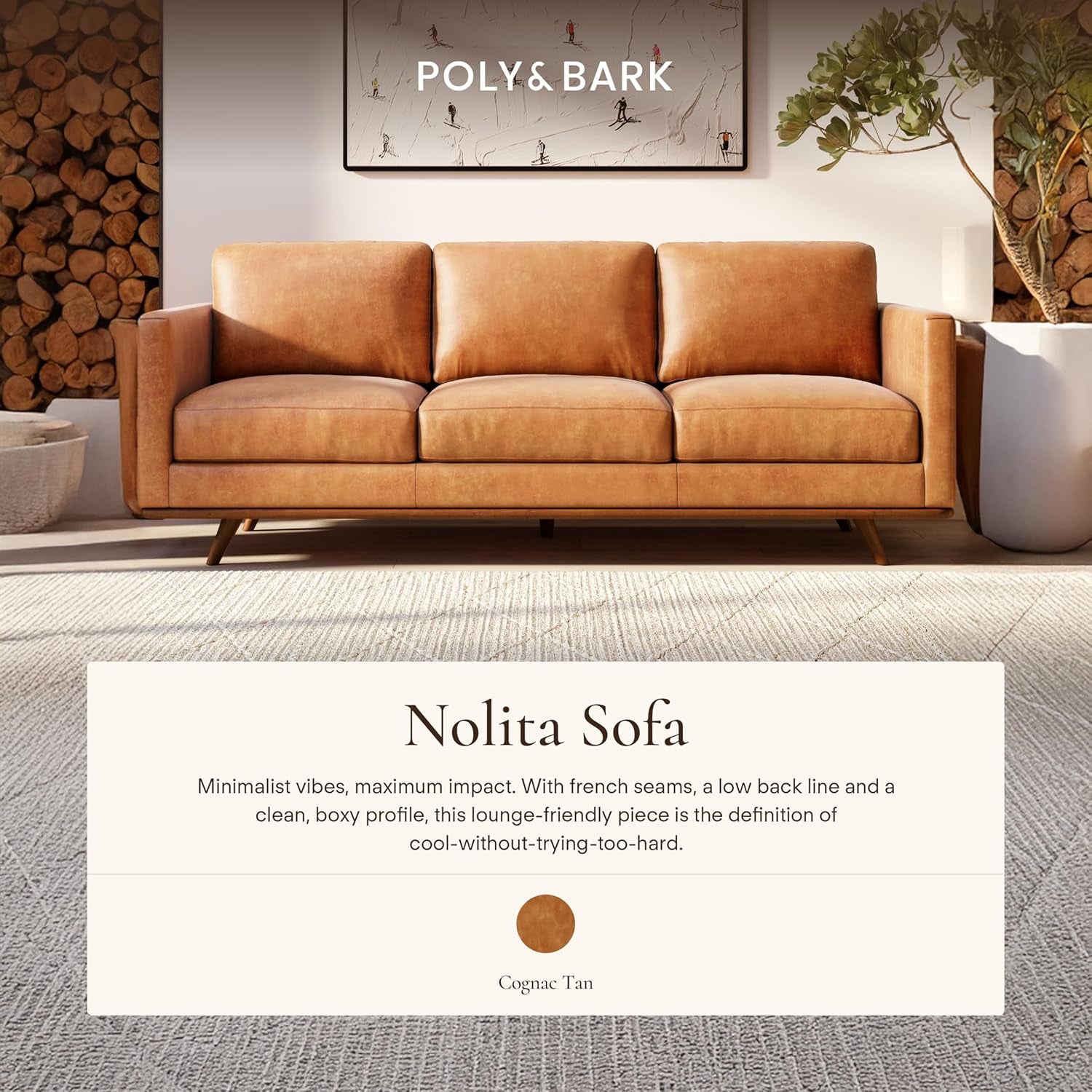 Nolita 85” Leather Sofa – Full-Grain Italian Aniline Leather, Feather-Down Comfort, Solid Wood Base – Cognac Tan