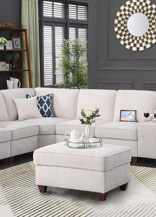 127" L-Shaped Sectional Sofa with Movable Ottoman, 6 Throw Pillows, and Integrated Features Including USB Port, Hidden Storage, and Cup Holders - Chenille Upholstered for Living Room and Apartment, Beige