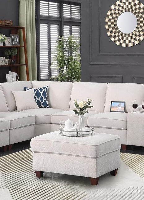 127" L-Shaped Sectional Sofa with Movable Ottoman, 6 Throw Pillows, and Integrated Features Including USB Port, Hidden Storage, and Cup Holders - Chenille Upholstered for Living Room and Apartment, Beige