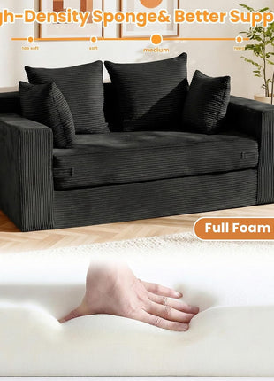 55" Convertible Boneless Loveseat Sleeper Sofa Bed with 4 Pillows - Black Corduroy, Ideal for Living Room, Guest Room, and Small Spaces, No Assembly Required