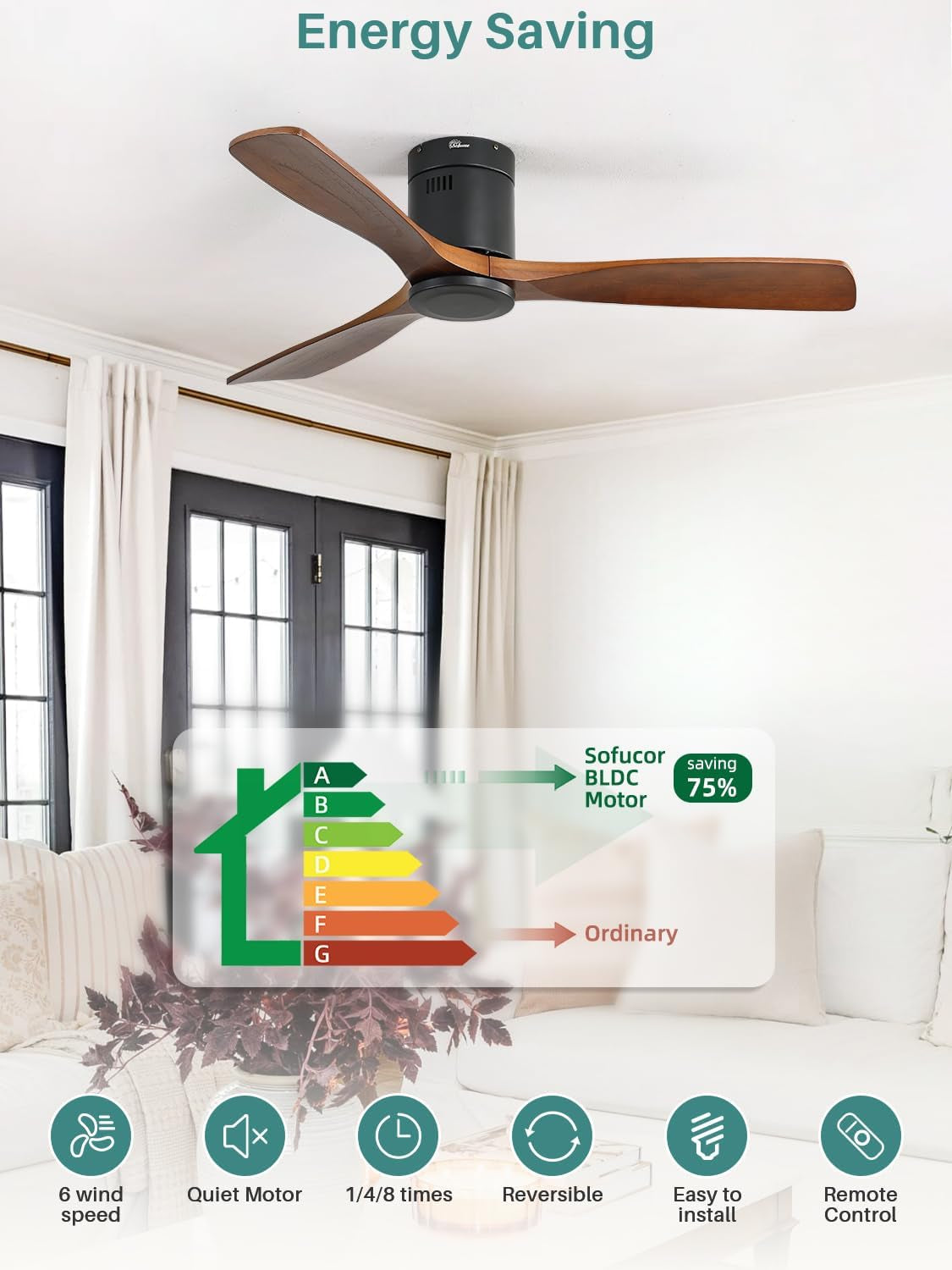 52 Inch Solid Wood Ceiling Fan without Lights Flush Mount Ceiling Fan with Remote Control-Wood Blades Modern Outdoor Ceiling Fans No Light for Bedroom/Farmhouse/Patio/Indoor, Brown Black