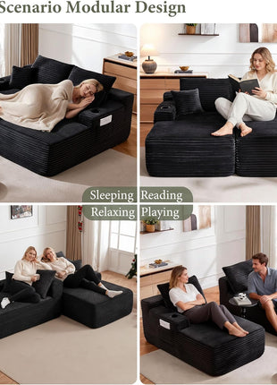 Oversized 69" Boneless Chaise Lounge Chair with Cup Holders and Storage Pockets – Plush Modular Sofa in Black for Superior Comfort