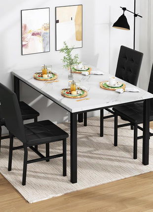 Contemporary Faux Marble Dining Table Set for Four with Leather Chairs - Stylish Kitchen Furniture for Compact Spaces (White & Black)