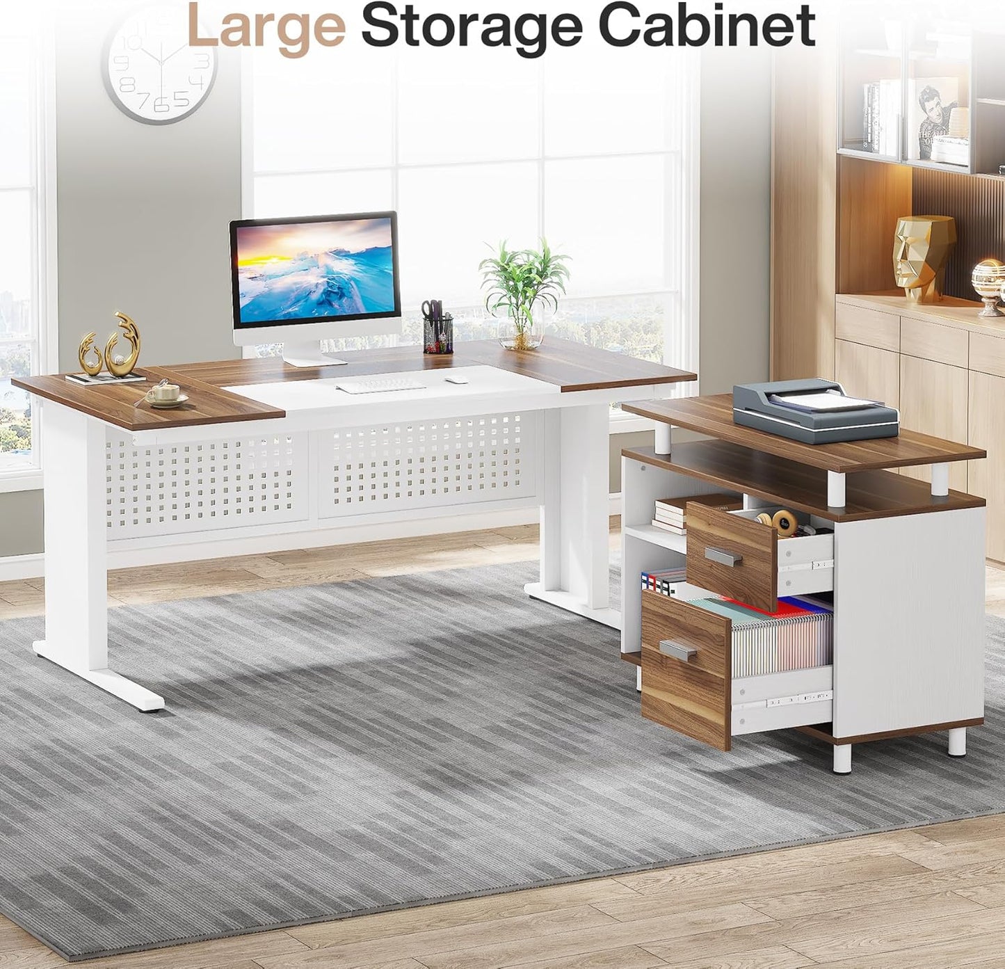 63 Inch Executive Desk with File Cabinet, L Shaped Office Desk with Drawers and Storage Shelves, Business Furniture Set Workstation for Home Office, White and Walnut