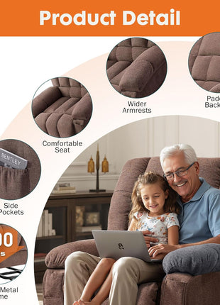 Ergonomic Power Lift Recliner Chair with Vibration Massage and Heat, Overstuffed Breathable Fabric, Side Pockets, and Remote Control for Living Room and Bedroom, Brown