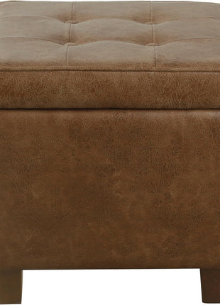 Square Tufted Storage Ottoman in Distressed Brown Faux Leather with Compact Design