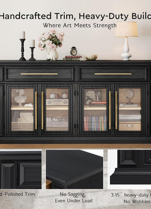 63-Inch Contemporary Sideboard Buffet Cabinet with Drawers, Adjustable Shelves, and Magnetic Closure Doors - Versatile Wooden Storage Solution for Kitchen and Living Room, Black