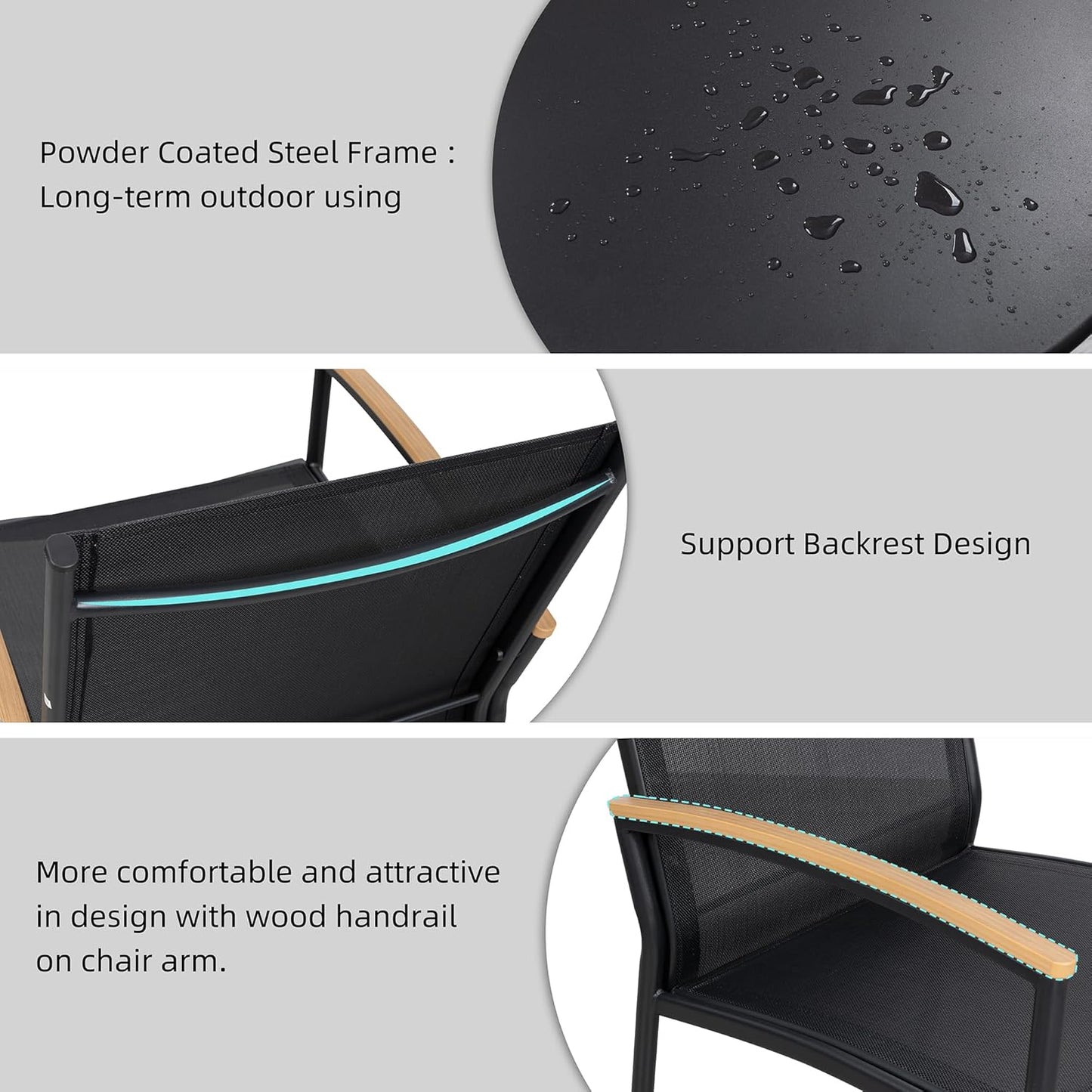 3 Pieces Patio Bistro Sets, Outdoor Textilene Fabric Conversation Bistro Set, Textilene Fabric Front Porch Chairs Small Patio Furniture Set with Table for Lawn,Garden,Balcony (Black)