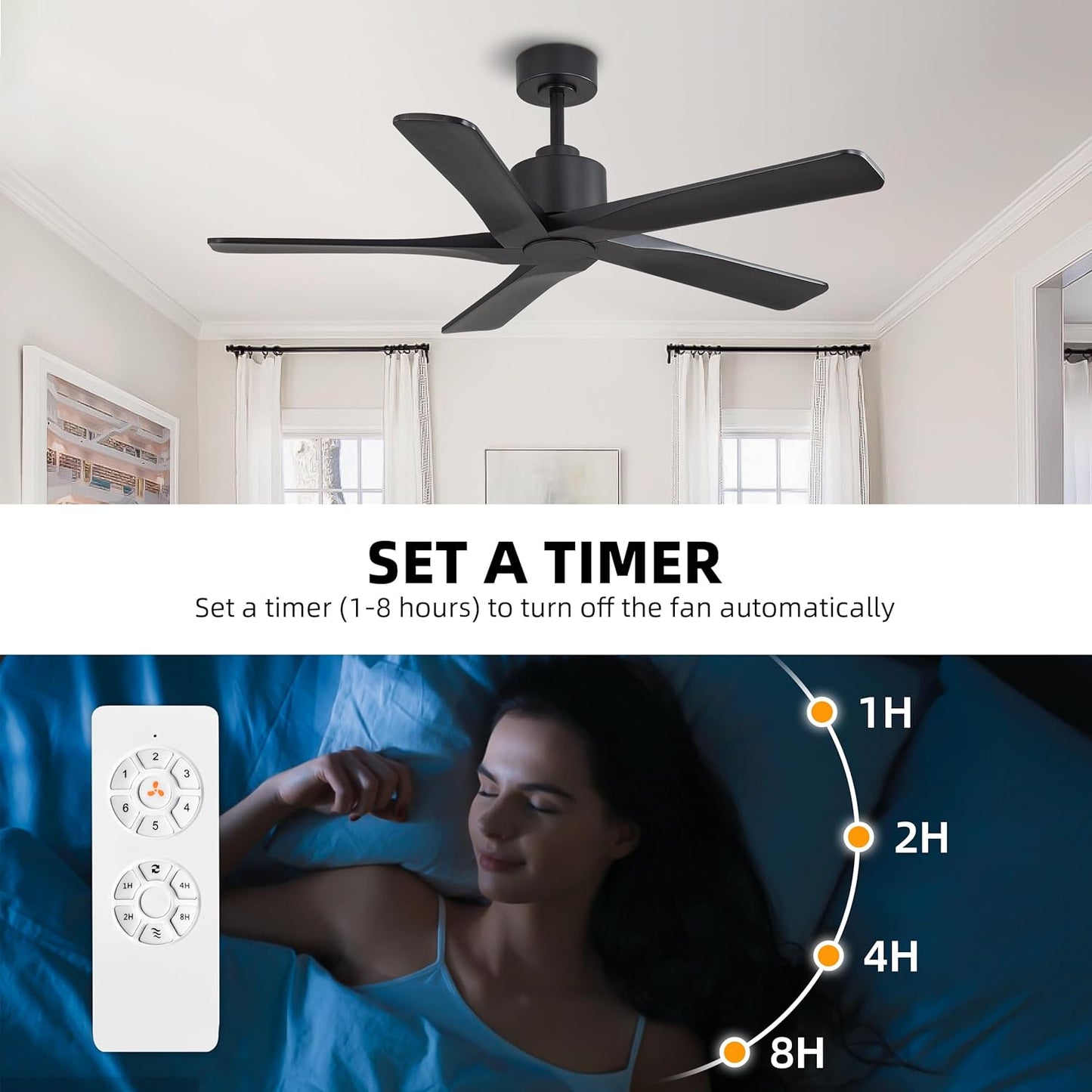 48" DC Ceiling Fan No Light - 5 Carved Solid Wood Blades, 6-Speed Reversible DC Motor, Ceiling Fan without Lights for Living Room Bedroom Kitchen Patio, Indoor and Outdoor, Matte Black