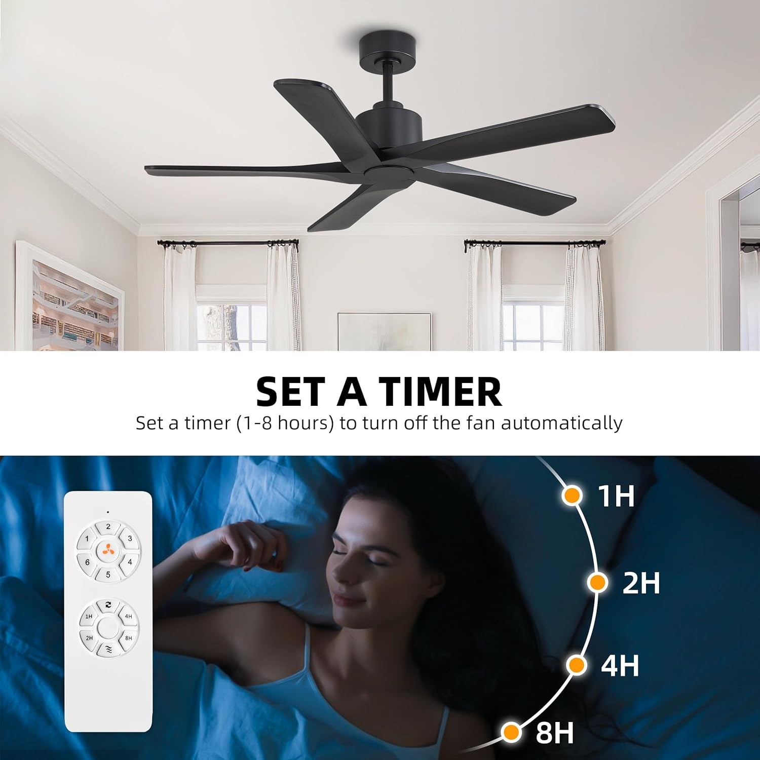 48" DC Ceiling Fan No Light - 5 Carved Solid Wood Blades, 6-Speed Reversible DC Motor, Ceiling Fan without Lights for Living Room Bedroom Kitchen Patio, Indoor and Outdoor, Matte Black