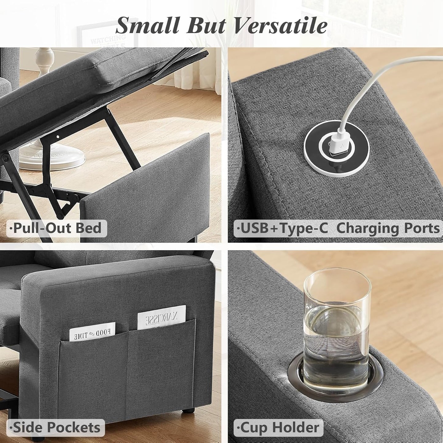 42.5" Sleeper Chair Bed, 3-In-1 Oversized Convertible Sleeper Sofa Chair with Pull Out Bed, Reclining Adjustable Backrest/Usb Ports/Table/Cup Holder, Tool-Free Assembly, Premium Dark Gray