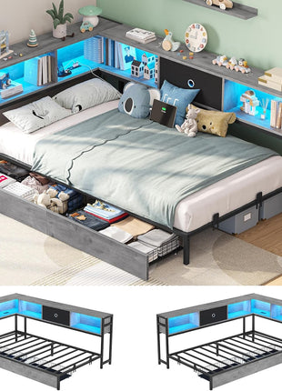 Twin Corner Bed Frame with Storage Drawers and Bookcase Headboard, Metal Platform Design with Charging Station and LED Lights, Ideal Daybed for Kids, Teens, and Guests in Oak Gray