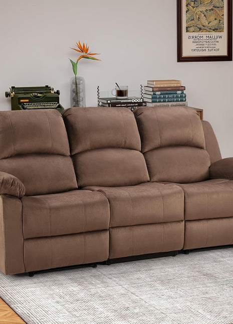 Three-Seat Microfiber Recliner Sofa with Overstuffed Arms and Backrest for Living Room or Office, Brown
