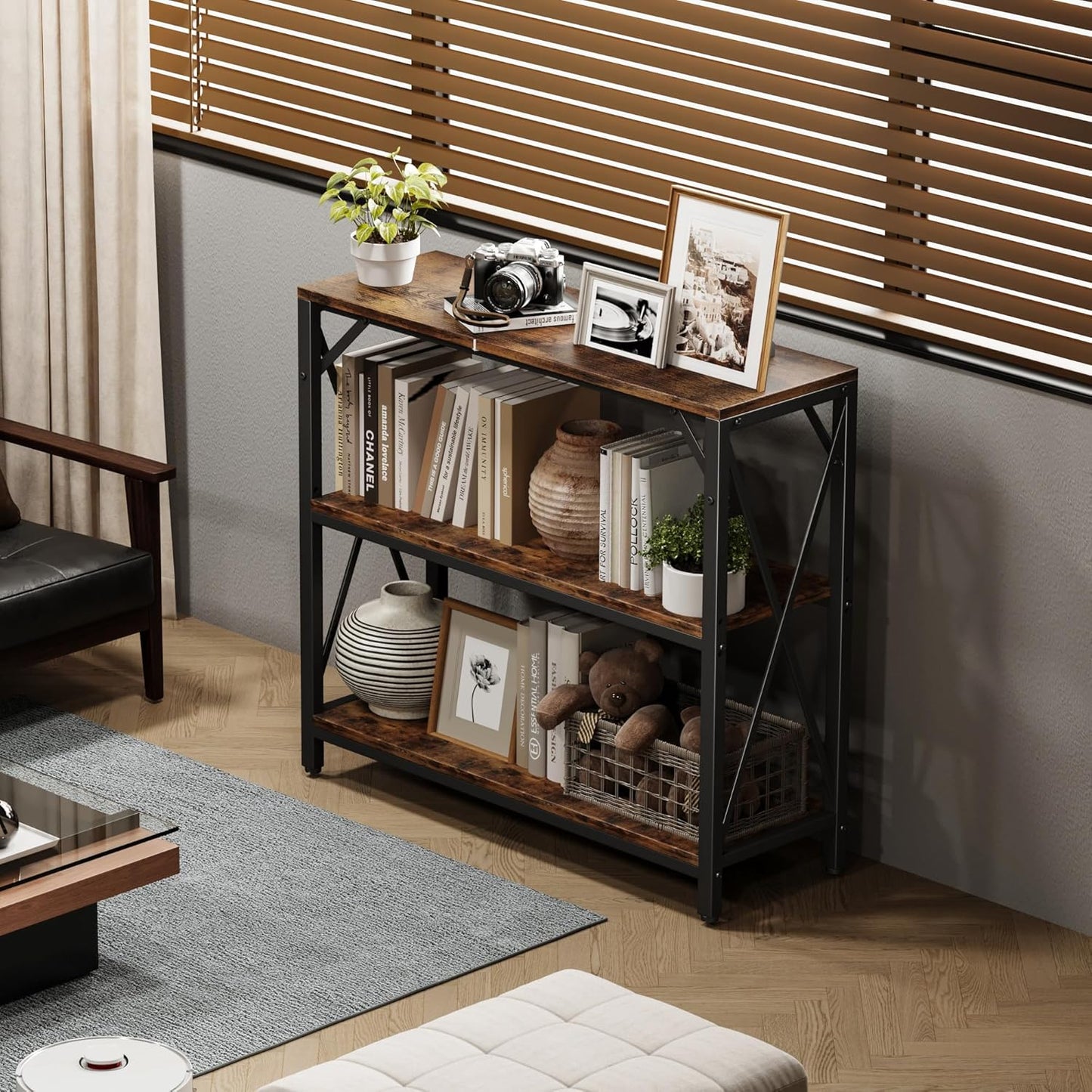 Console Table 31.5" Width, 3-Tier Entryway Table with Storage, Industrial Sofa Table with Open Shelves, Foyer Tables for Entryway, Hallway, Kitchen, Living Room and Bedroom, Rustic Brown