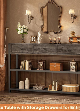 47-Inch Console Table with Outlets and USB Ports, 3 Drawers and Storage Shelves for Living Room, Hallway, Foyer, and Kitchen in Grey Finish