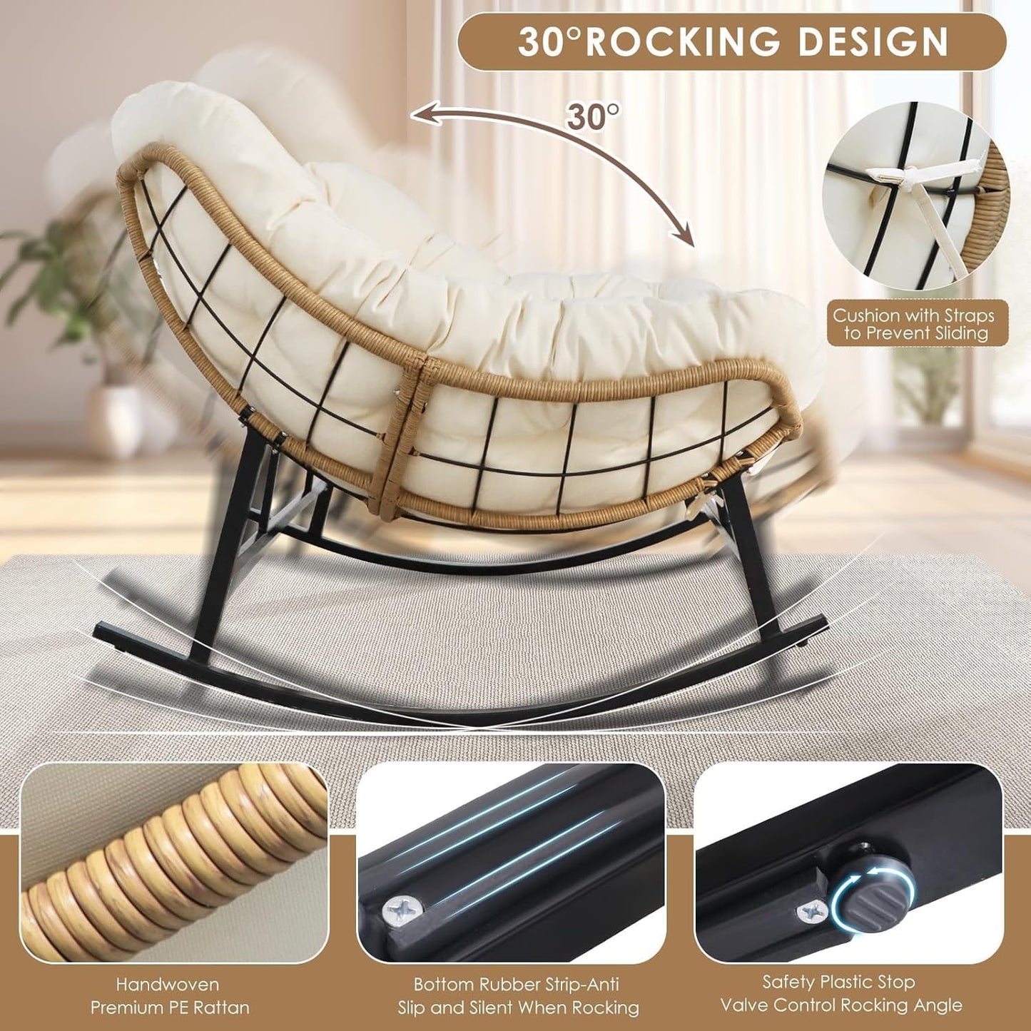 Double Egg Rocking Chair for 2, Oversized Rattan Recliner Loveseat with Padded Cushion, 700 Lbs Heavy Duty Comfy Large Papasan Rocker for Reading Outdoor Patio Balcony Backyard Indoor, Beige