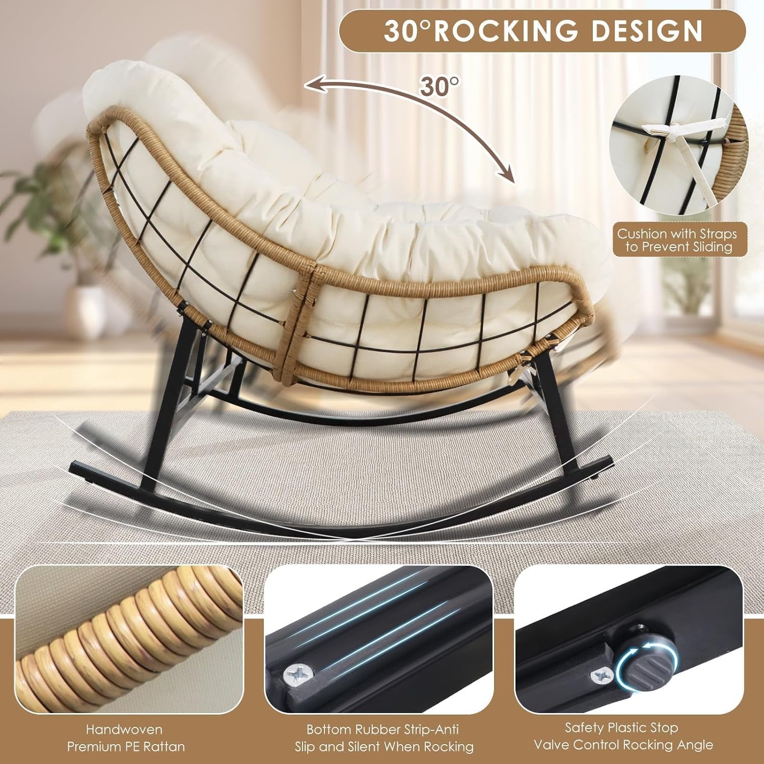 Double Egg Rocking Chair for 2, Oversized Rattan Recliner Loveseat with Padded Cushion, 700 Lbs Heavy Duty Comfy Large Papasan Rocker for Reading Outdoor Patio Balcony Backyard Indoor, Beige