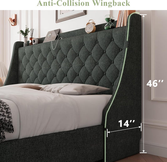 Queen Bed Frame with 4 Storage Drawers, Upholstered Storage Bed with Charging Station, Tufted Wingback Headboard, No Box Spring Needed, Dark Grey