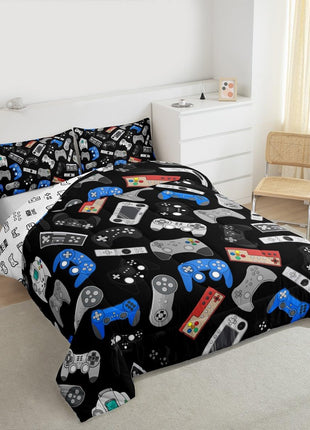Modern Gamer Bedding Set for Teens, Full Size Down Comforter with Video Game Joystick Design in Black and Blue for Boys and Youth Bedrooms