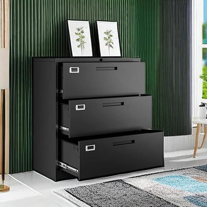 Lateral 3 Drawer File Cabinets with Lock, Metal Filing Storage Vertical Cabinets,Home Office Furniture for Organization Hanging Letter/Legal/F4/A4(Black)