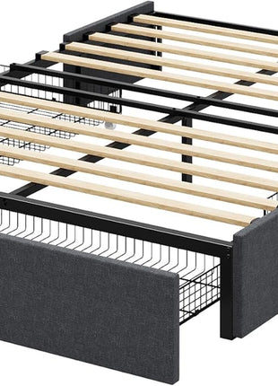 Full Size Upholstered Platform Bed Frame with 3 Storage Drawers, Wooden Slat Support, No Box Spring Required, Noise-Free Design, Easy Assembly, Dark Grey