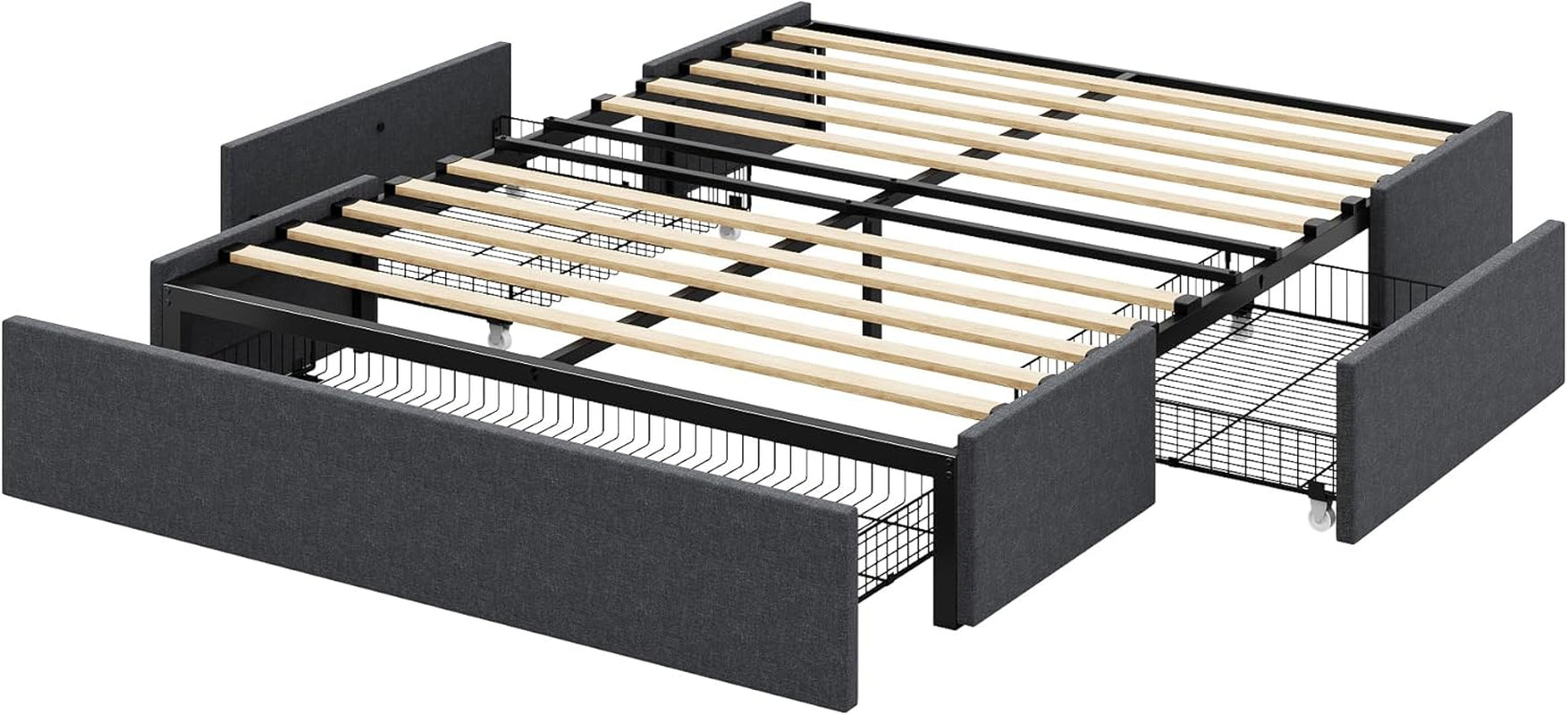 Queen Size Platform Bed Frame with 3 Storage Drawers, Fabric Upholstered, Wooden Slats Support, No Box Spring Needed, Noise Free, Easy Assembly, Dark Grey