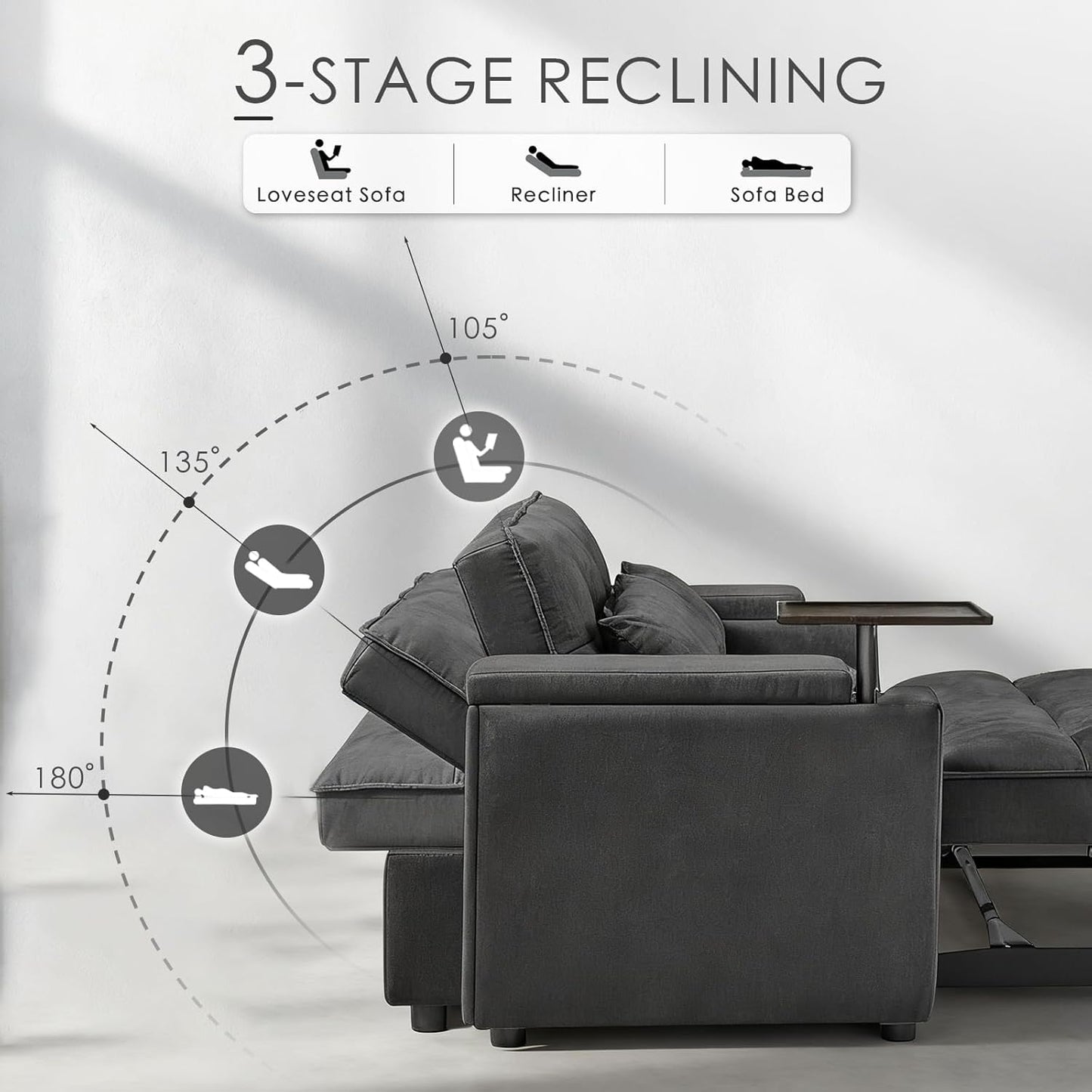 65'' 3 in 1 Convertible Sleeper Sofa Bed, Chenille Pull Out Couch for Living Room with 90° Swivel Side Table, Loveseat Sleeper with Charging Port | Side Pocket | Cup Holders, Grey